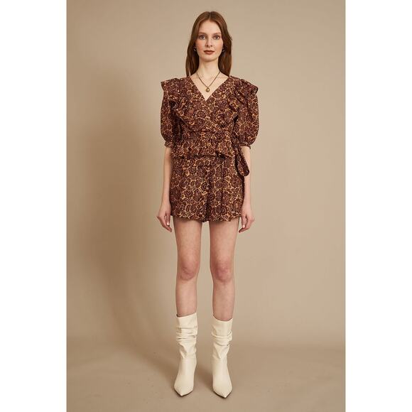 Christy Lynn Stephanie Wrap Top Brown Linen Ruffled Tie Belt Short Sleeve Sz M - Picture 2 of 10